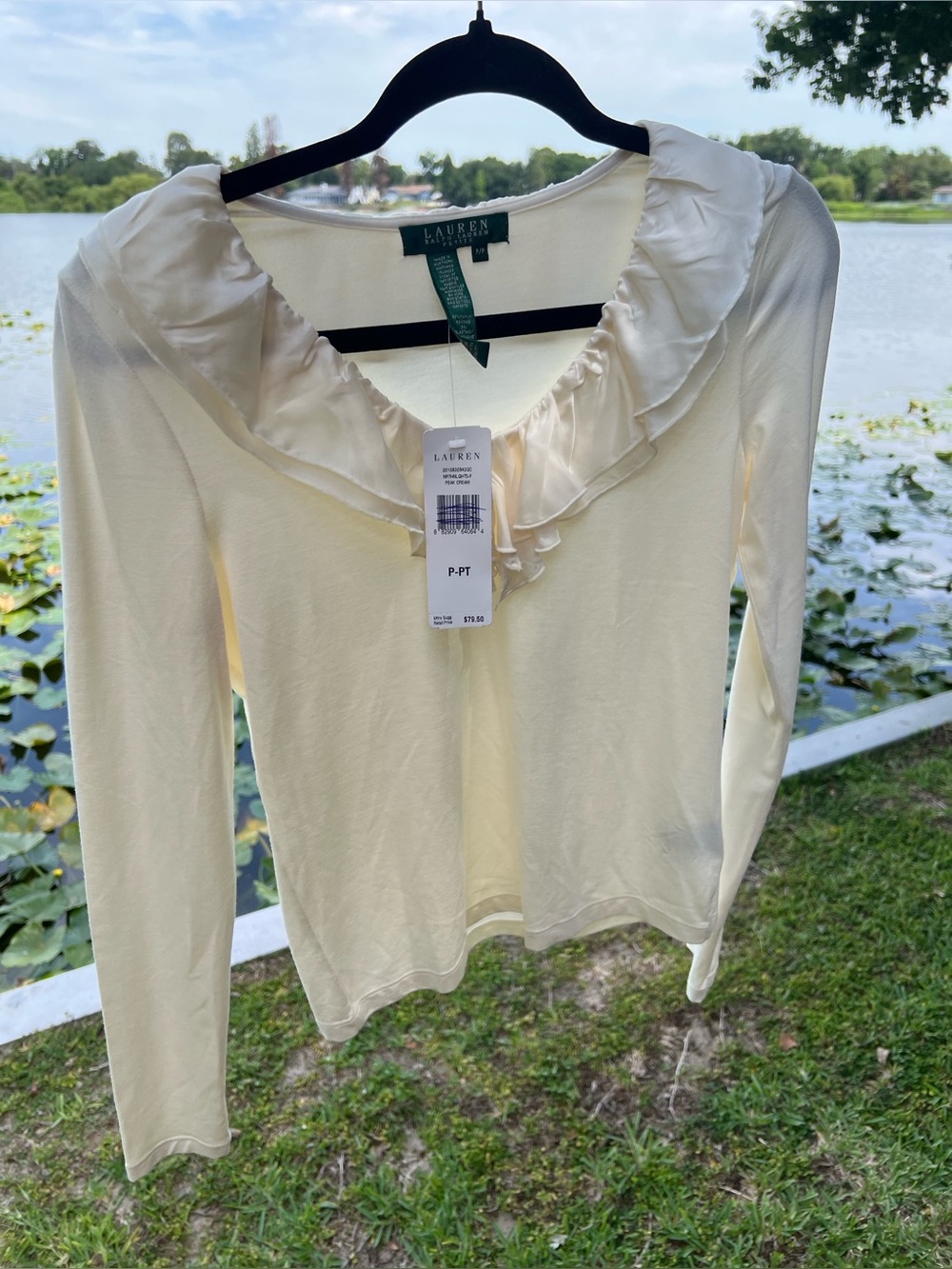 Lauren Ralph Lauren Ruffle Jabot Neck Long Sleeve Women's Small Cream Top NEW